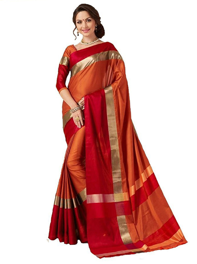Rust Cotton Art Silk Printed Saree