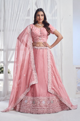 Lehenga Choli brodé à paillettes en organza orange clair