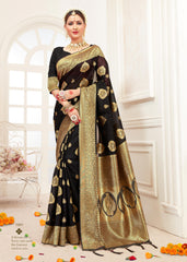Saree Noir Banarasi Art Soie Tissée Saree