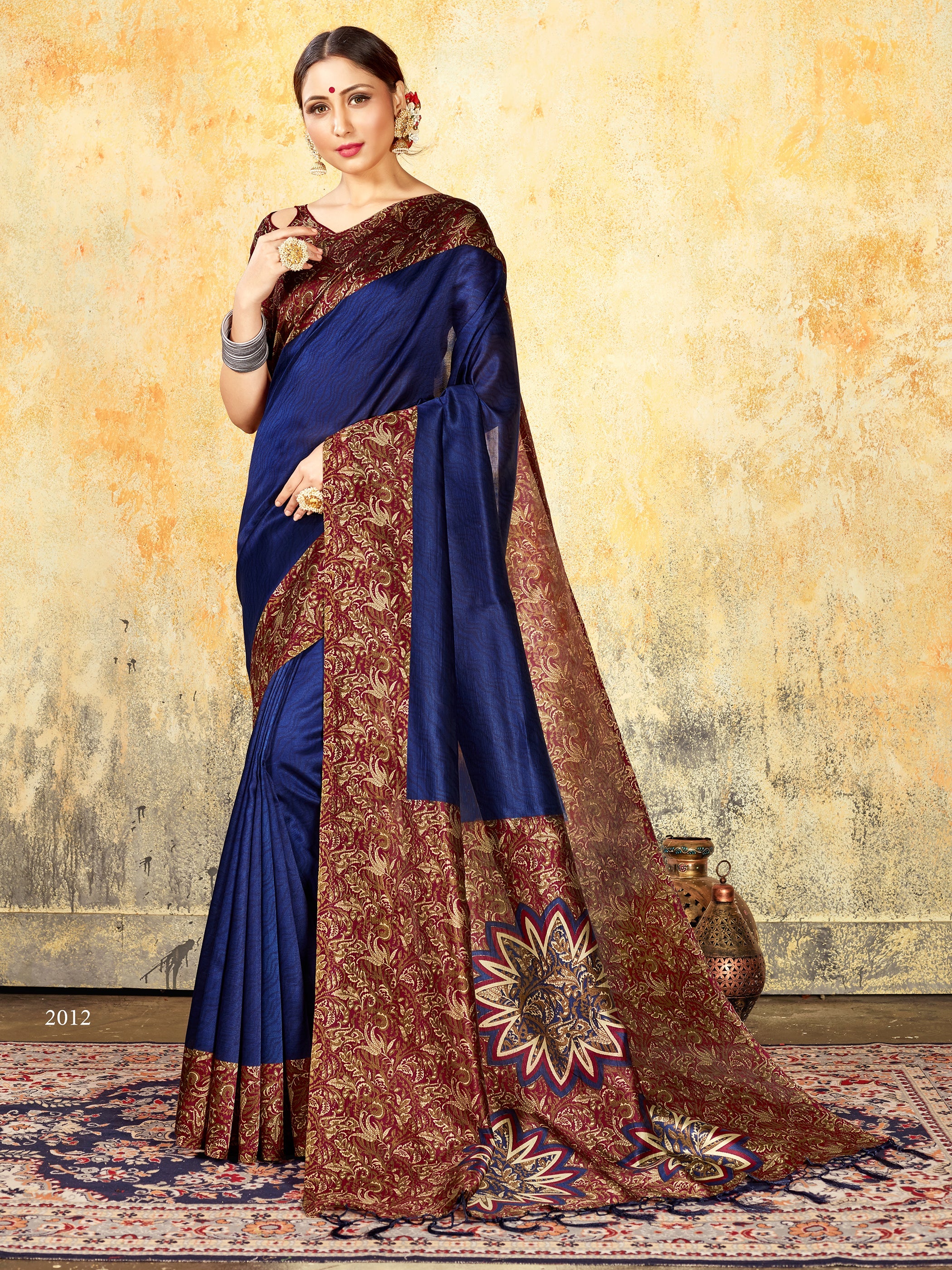 Navy Blue Mysore Art Silk Printed Saree
