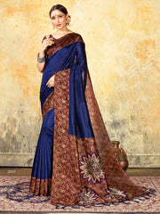 Navy Blue Mysore Art Silk Printed Saree