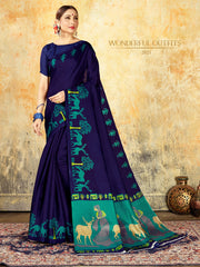 Navy Blue Mysore Art Silk Printed Saree