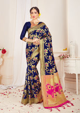 Navy Blue Banarasi Art Silk Woven Saree