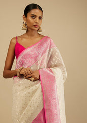 Sari tissé en soie d'art Banarasi blanc cassé