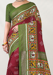 Sari en soie et coton imprimé feuille marron