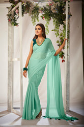 Turquoise Green Georgette Solid Saree