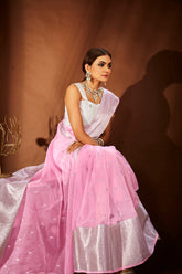 Pink Oraganza Embroidery Saree