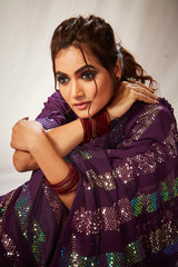 Sari brodé à paillettes en georgette bordeaux