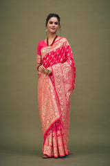 Sari tissé en soie d'art Banarasi rose cerise