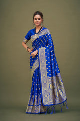 Sari tissé en soie d'art Banarasi bleu