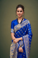 Sari tissé en soie d'art Banarasi bleu