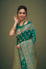 Saree tissé en soie d'art Banarasi vert sarcelle