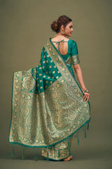 Saree tissé en soie d'art Banarasi vert sarcelle