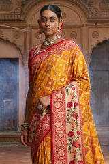 Sari tissé en coton et soie orange jaunâtre