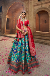 Ensemble Lehenga Choli indien en coton et soie bleu sarcelle prêt à l'emploi pour femme avec chemisier de créateur et Dupatta pour mariage