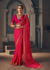 Dark Pink Chiffon Paisley Print Saree-3461