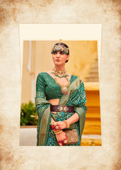 Sari en coton et soie vert d'eau à imprimé chevrons