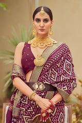 Sari en coton et soie à imprimé chevrons bordeaux