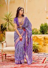 Sari en coton et soie violet à imprimé chevrons