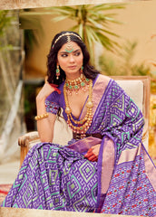 Sari en coton et soie violet à imprimé chevrons