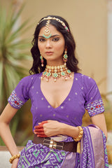 Sari en coton et soie violet à imprimé chevrons