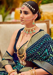 Sari en coton et soie bleu à imprimé chevrons