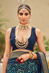 Sari en coton et soie bleu à imprimé chevrons