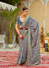 Grey Cotton Silk Chevron Print Saree