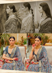 Sari gris en coton et soie à imprimé chevrons