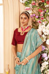 Sari imprimé Bandhani en coton et soie bleu aqua