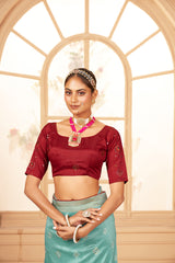 Sari imprimé Bandhani en coton et soie bleu aqua