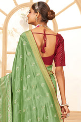 Sari imprimé bandhani en coton et soie vert terne