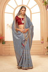 Sari imprimé bandhani en coton et soie gris