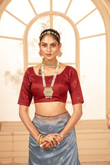 Sari imprimé bandhani en coton et soie gris