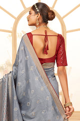 Sari imprimé bandhani en coton et soie gris