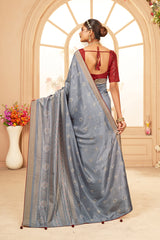 Sari imprimé bandhani en coton et soie gris