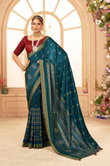 Sari Bandhani en coton et soie bleu paon