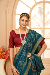 Sari Bandhani en coton et soie bleu paon