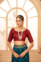 Sari Bandhani en coton et soie bleu paon