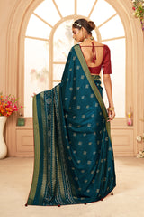 Sari Bandhani en coton et soie bleu paon