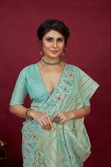 Sari brodé en coton et soie bleu aqua Chickankari