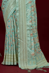 Sari brodé en coton et soie bleu aqua Chickankari