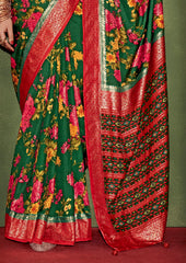 Sari en coton et soie vert à imprimé floral Sherwood