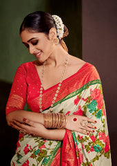 Sari en coton et soie à imprimé floral couleur crème laitière