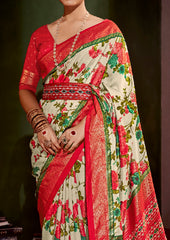 Sari en coton et soie à imprimé floral couleur crème laitière