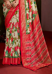 Sari en coton et soie à imprimé floral couleur crème laitière