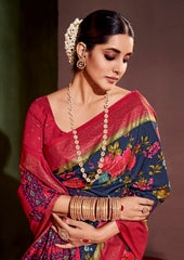 Sari en coton et soie à imprimé floral gris vif