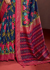 Sari en coton et soie à imprimé floral gris vif