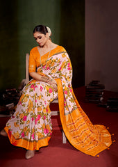 Sari en coton et soie à imprimé floral rose