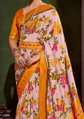 Sari en coton et soie à imprimé floral rose